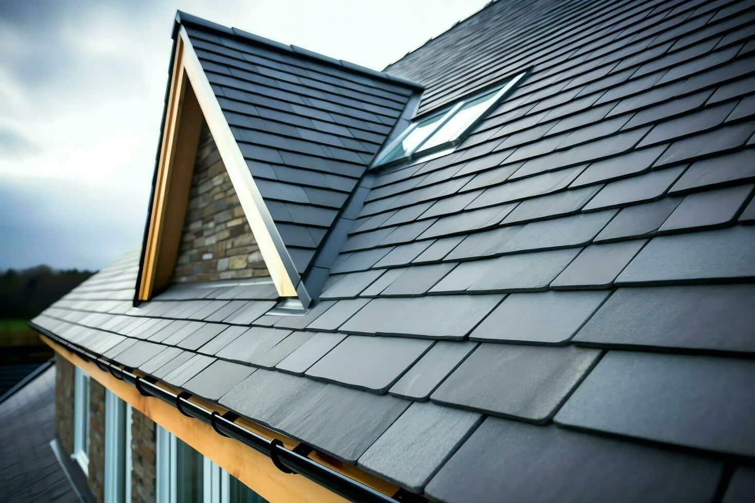 Slate roofing is a high-end, natural stone roofing material that is known for its timeless beauty and extreme durability. It is made from real stone that is cut into thin tiles, giving your home a clean, sophisticated look with rich texture and depth