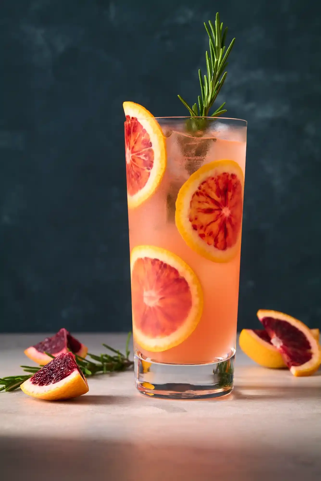 A tall glass of pink grapefruit cocktail garnished with slices of pink grapefruit and a sprig of rosemary, with additional grapefruit slices on the table. By Philadelphia, PA drink photographer & drink stylist team Bartholomew Studio.