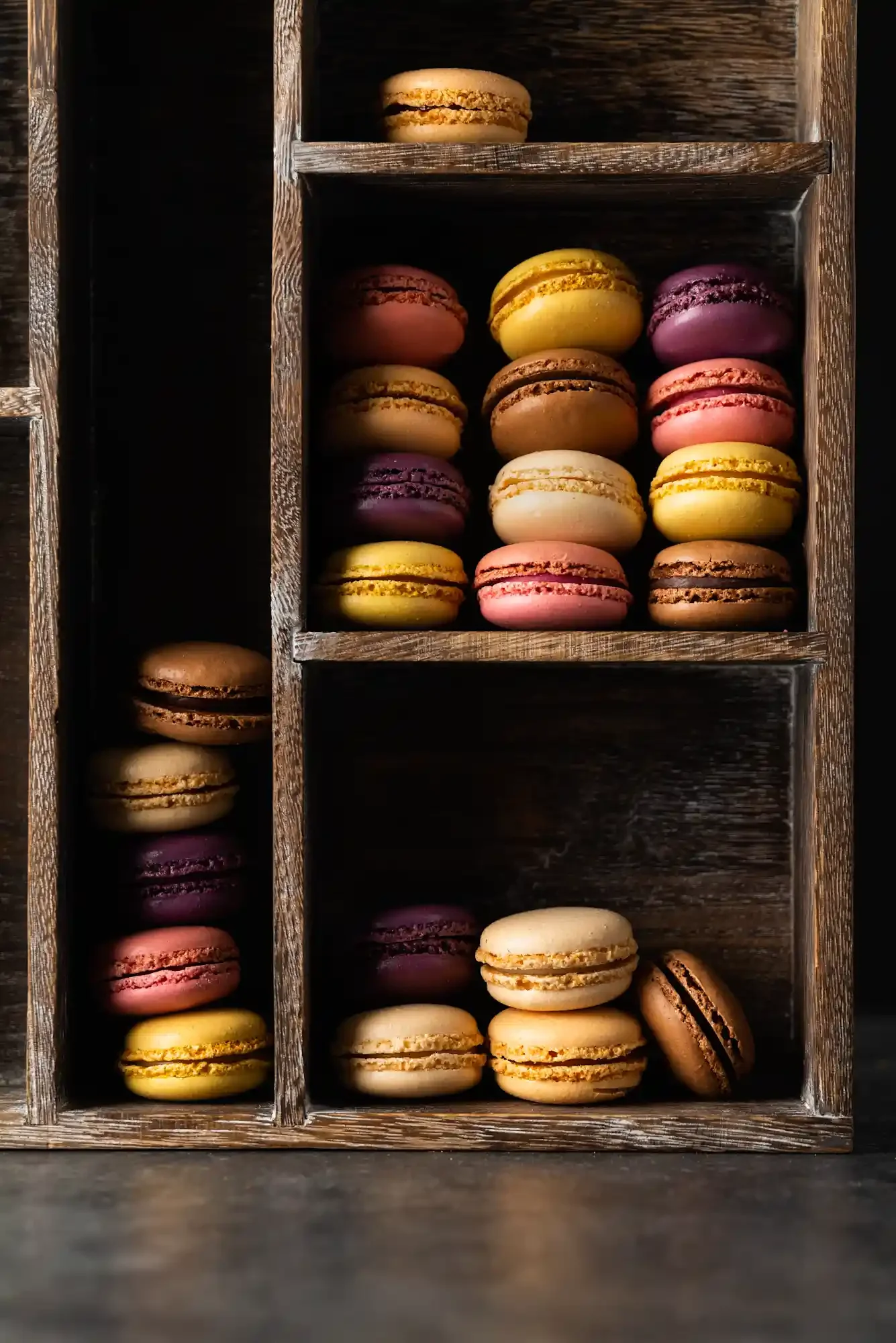 Colorful French macarons arranged in a rustic wooden shelving unit. By New Jersey & Philadelphia, PA food photographer & food stylist team Bartholomew Studio.