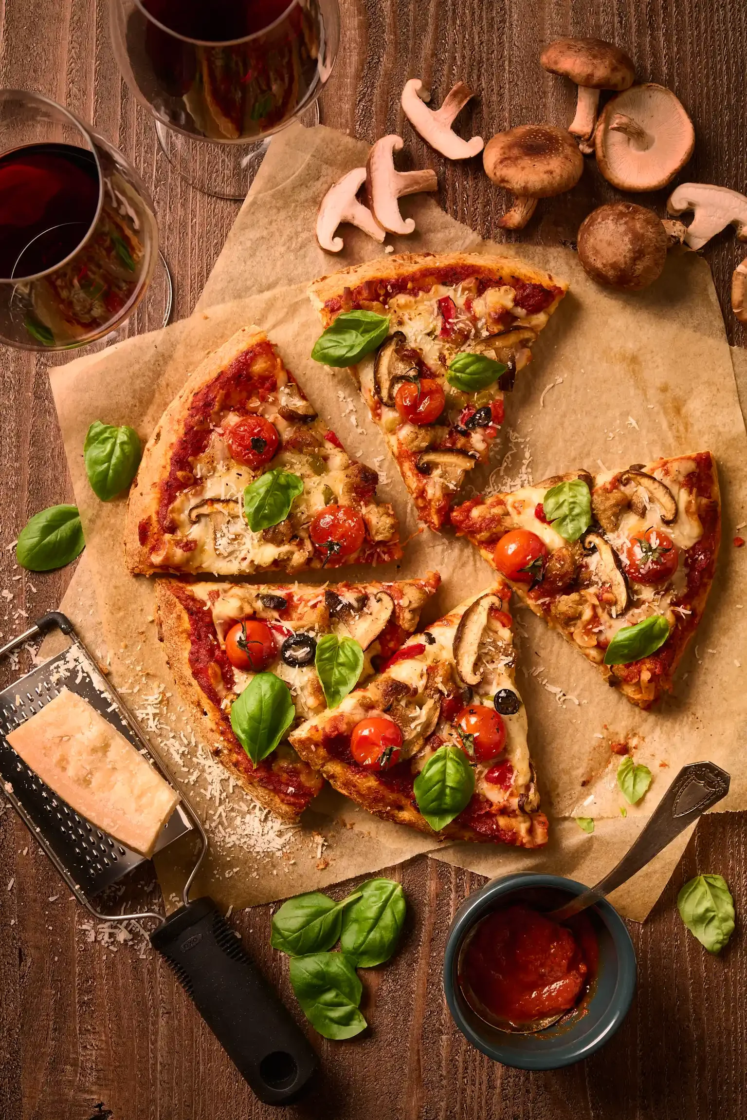 A sliced mushroom and cherry tomato pizza with basil on parchment paper, surrounded by fresh mushrooms, a cheese grater and two glasses of red wine. By Philadelphia, PA food photographer & food stylist team Bartholomew Studio.