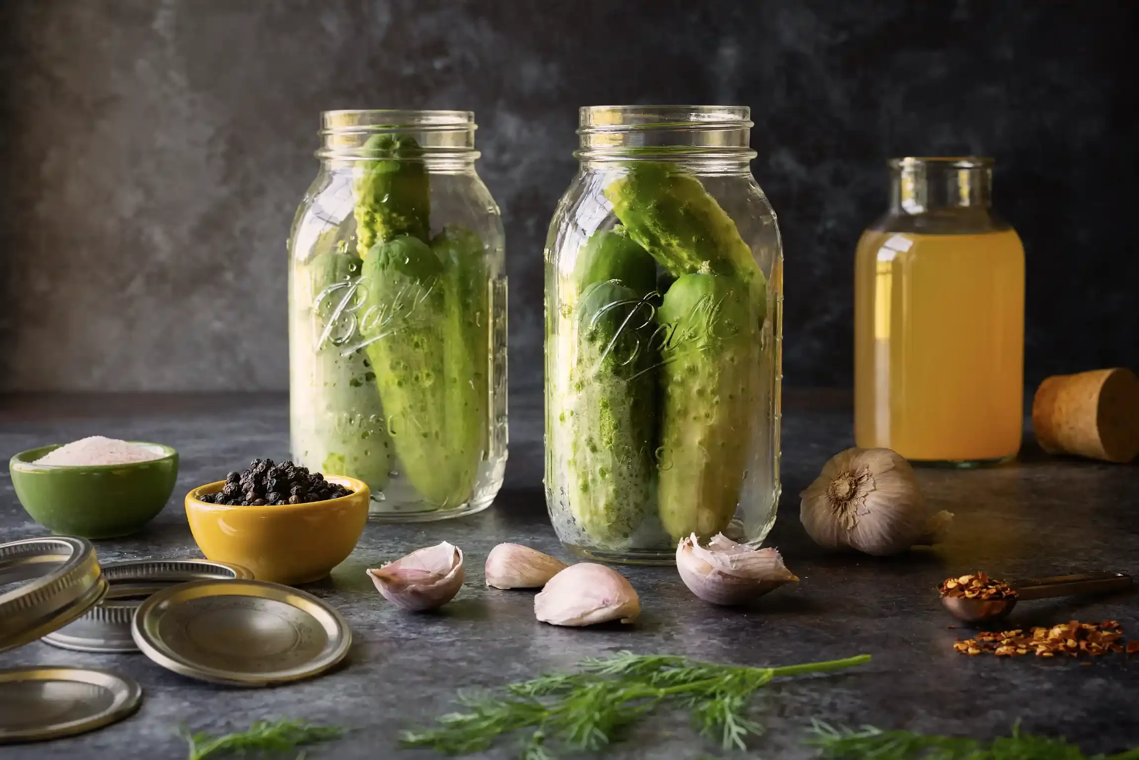 Two glass jars with pickles, surrounded by garlic cloves, black peppercorns, red pepper flakes, and a few loose herbs and spices on a dark surface. By Philadelphia, PA food photographer & food stylist team Bartholomew Studio.