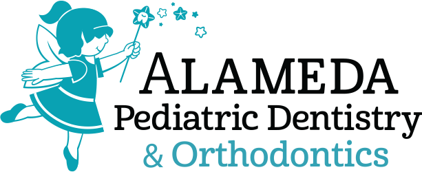 A cartoon illustration of a fairy holding a magic wand, with star accents, over the text "Alameda Pediatric Dentistry & Orthodontics".