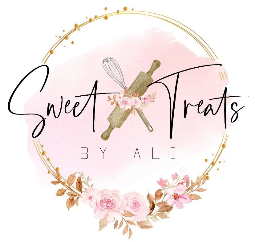 Logo for 'Sweet Treats by Ali' featuring a pink watercolor background, a floral wreath, a rolling pin with flowers, a whisk, and a spatula.
