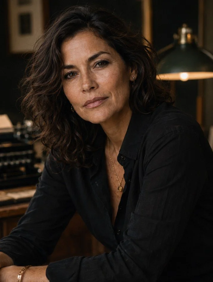 A woman with curly dark hair and light skin, wearing a black button-up shirt and jewelry, sitting indoors with a serious expression.