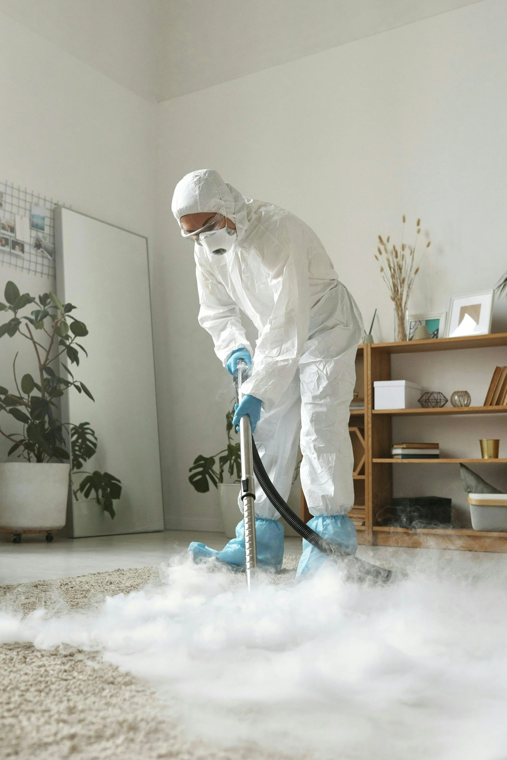 Person in protective suit, mask, gloves, and shoe covers using a fogging machine on a carpet, with indoor plants and shelves in the background.