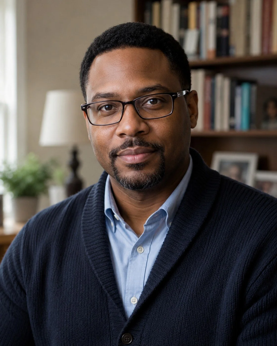 Portrait of a man wearing glasses, a light blue collared shirt, and a dark blue cardigan, sitting indoors with a bookshelf and a lamp in the background.
