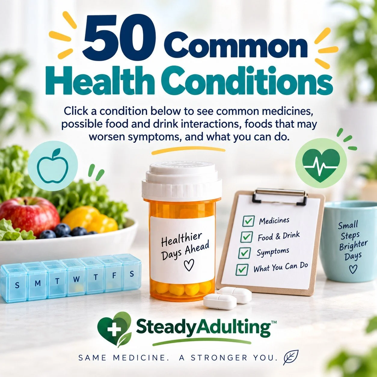 A colorful infographic about 50 common health conditions, featuring a prescription bottle labeled 'Healthier Days Ahead,' a daily medication organizer, fresh fruits and vegetables, a checklist on a clipboard, and icons representing health and food.