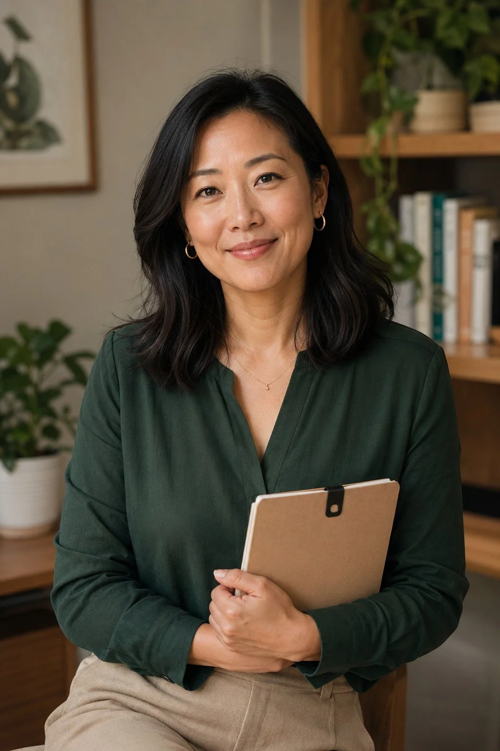 A smiling woman with shoulder-length black hair, wearing a dark green blouse and beige pants, holding a clipboard, standing in a cozy room with plants and books.