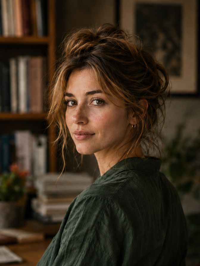A young woman with wavy, tousled hair looking over her shoulder in a cozy room with bookshelf and plants.