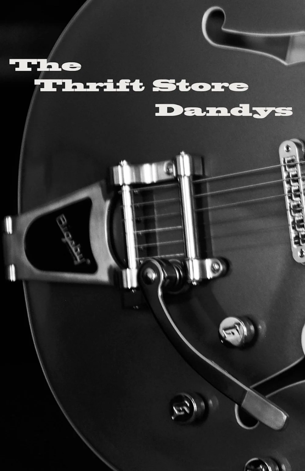 Close-up of a black electric guitar with a silver pickguard, and the text 'The Thrift Store Dandys' in white on the upper left side.
