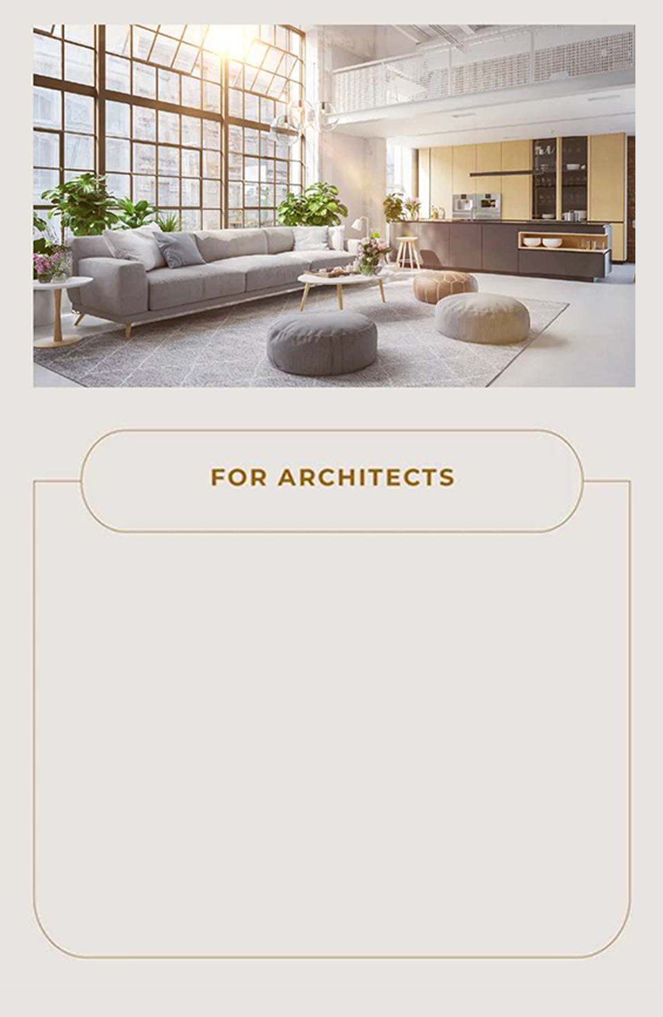 Modern living room with large windows, a light gray sofa, plants, and a kitchen area in the background.