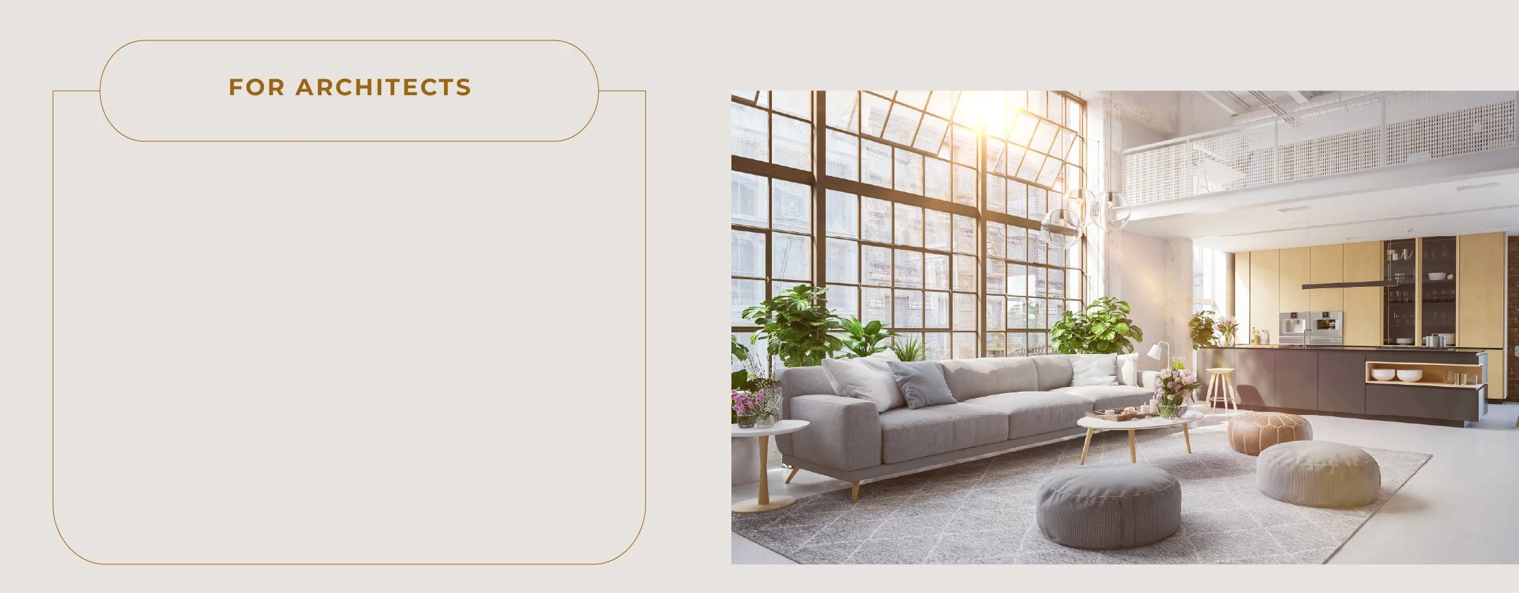 Bright modern living room with large grid window, gray sofa, and assorted poufs, with plants and a kitchen area in the background.
