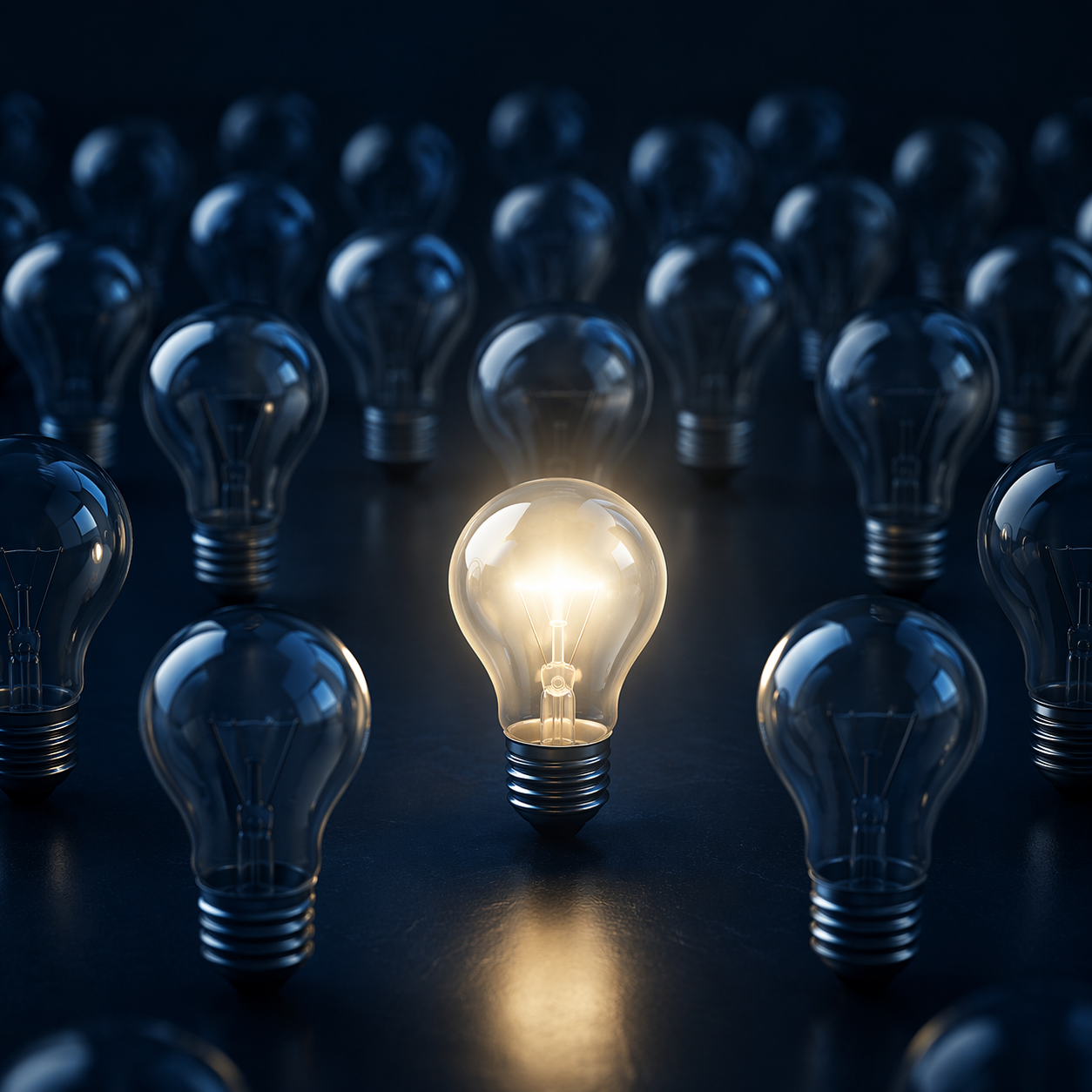 One illuminated light bulb standing out among many unlit bulbs on a dark background.