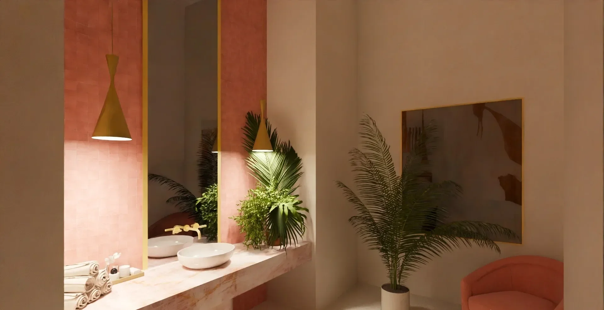 Interior of a bathroom with dual sinks, potted green plants, a large mirror, and modern lighting fixtures.