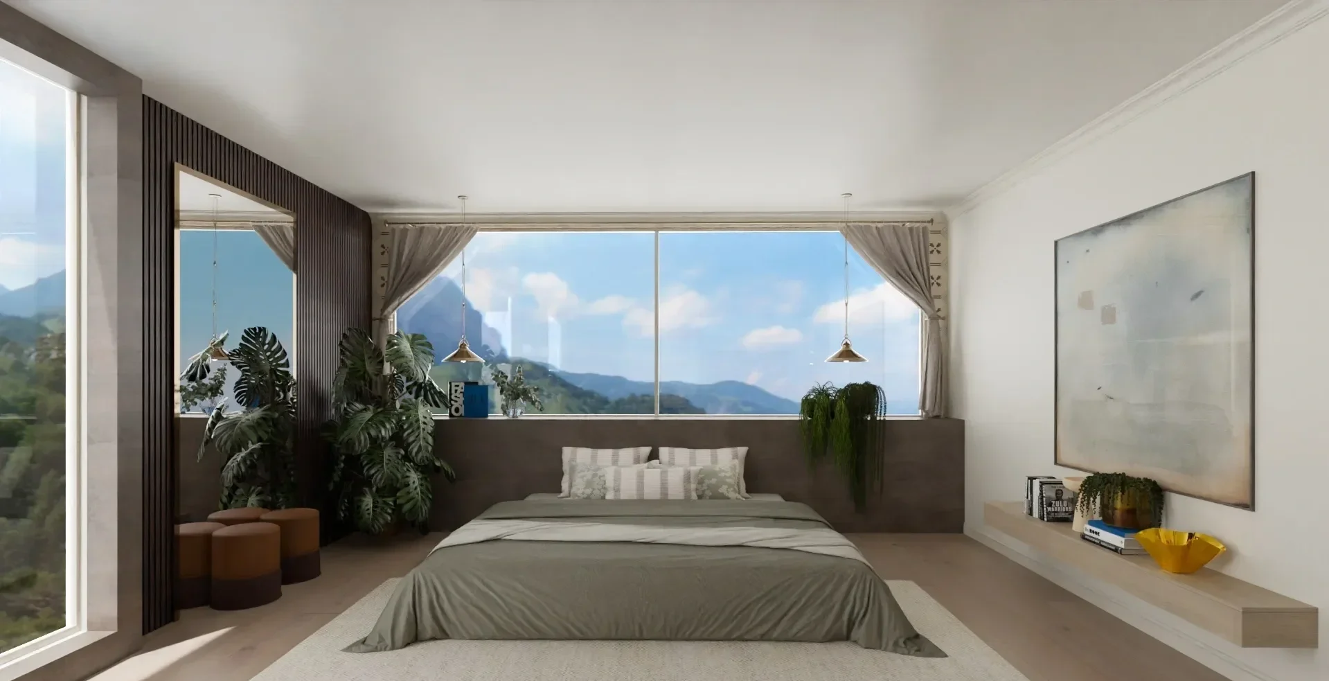 Modern bedroom with large window overlooking mountains, bed with gray bedding, plants, and minimal decor.
