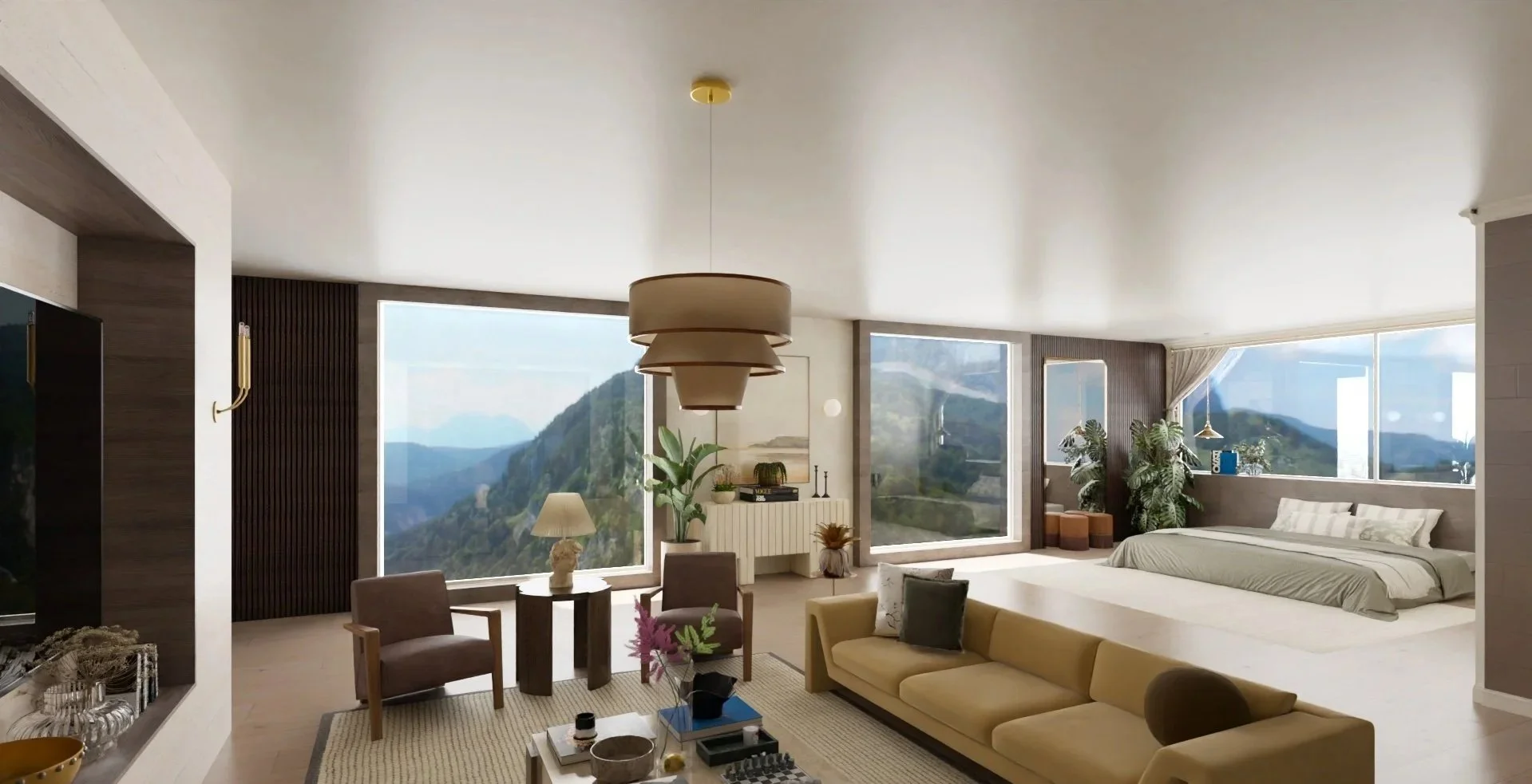 Living room with large windows showing mountain views, decorated with plants, a beige sofa, a bed, and modern decor elements.