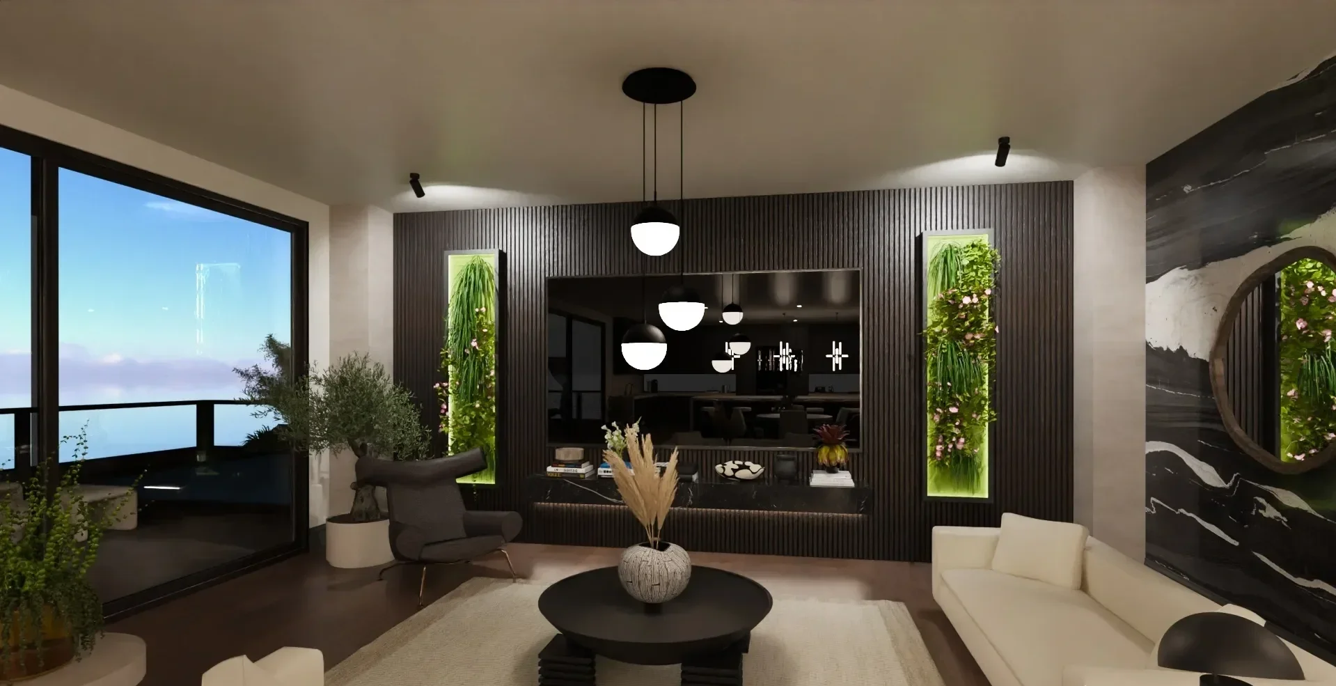 Modern living room with large sliding glass door, black accent wall with vertical wooden panels, mounted TV, green plant wall decor, white sofa, black armchair, round black coffee table with a vase of dried plants, and large window showing a blue sky and clouds.