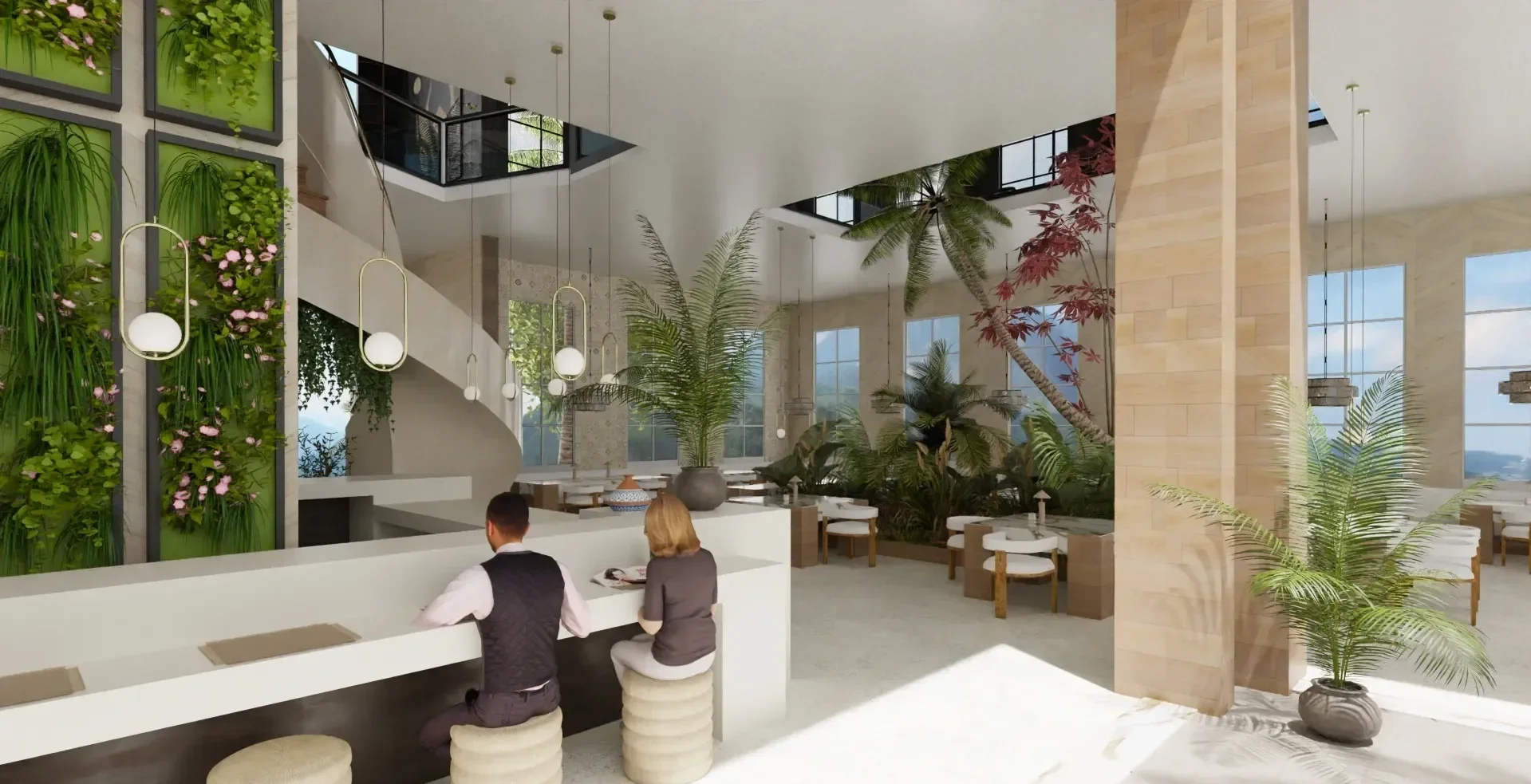 Modern, airy restaurant interior with large windows, indoor plants, and a white bar with two patrons seated.