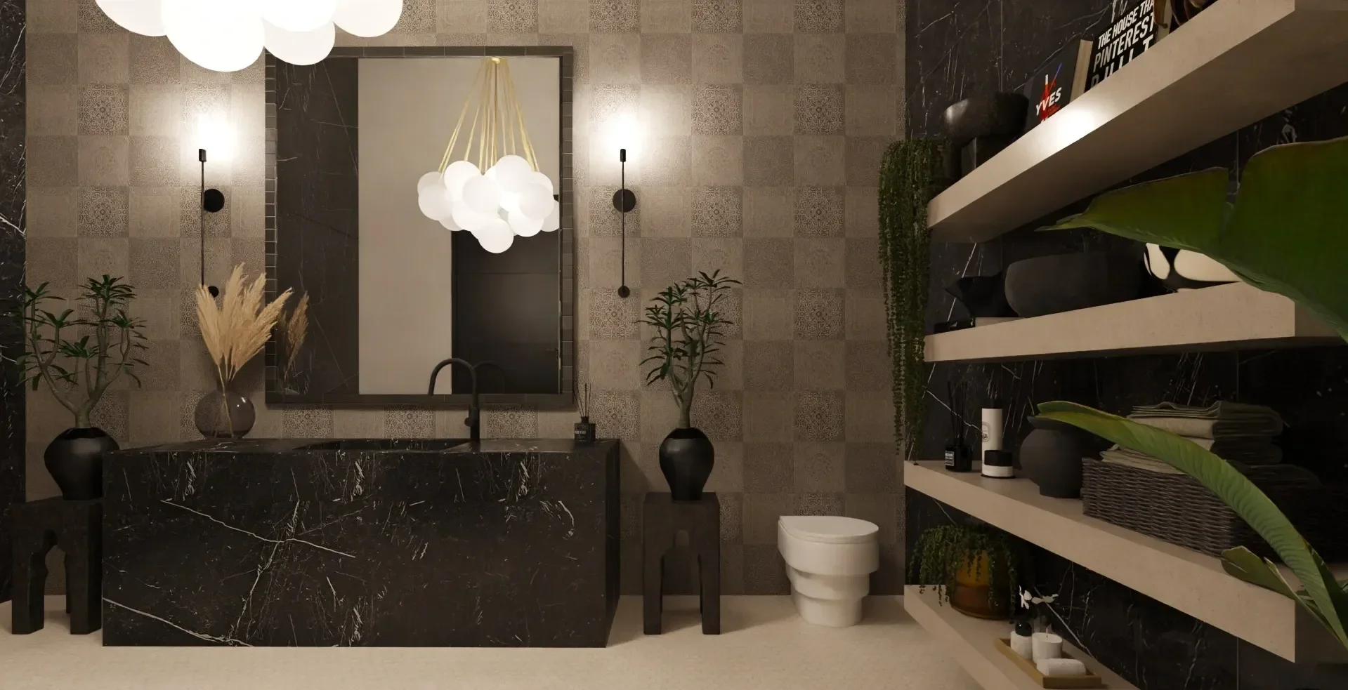 Modern bathroom with black marble vanity, potted plants, shelves with decor and towels, and a unique bidet.