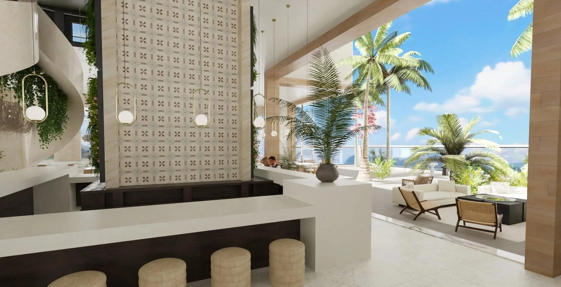 A bright indoor-outdoor space with white furniture, tropical plants, and a blue sky with clouds visible through large windows and open sliding door.