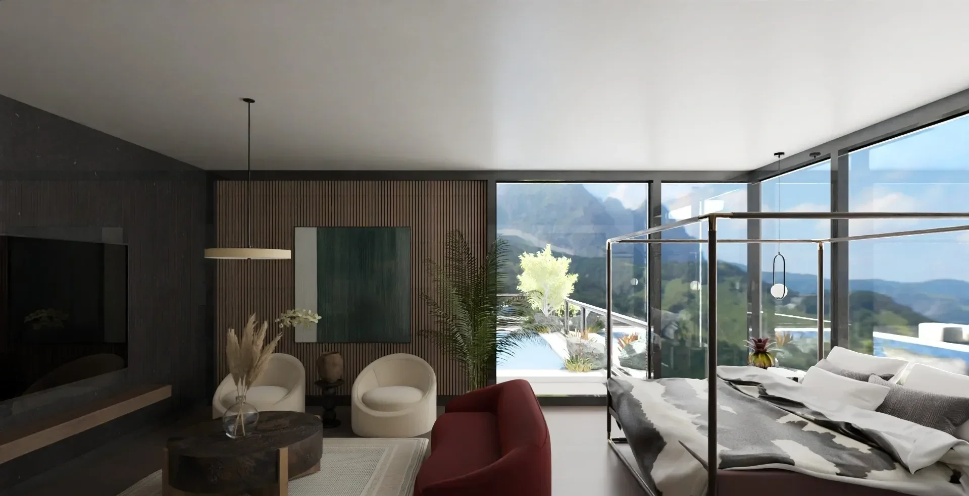 Modern living room with large glass windows overlooking a scenic mountain view, featuring a white sofa with pillows, a canopy bed with bedding, a round coffee table, and two white chairs with decorative plants.