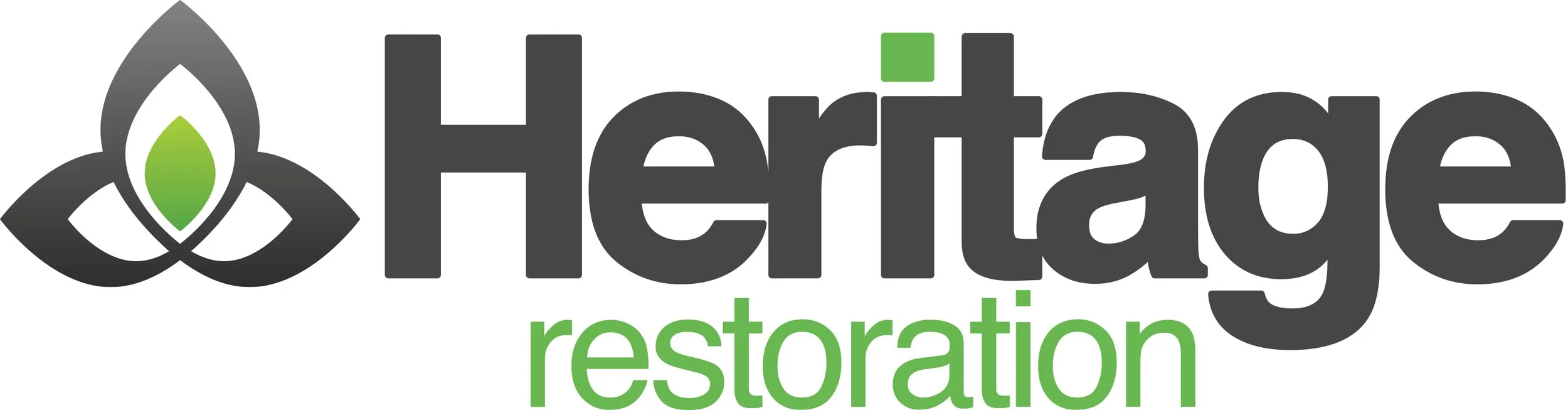 Logo for Heritage Restoration featuring a stylized leaf emblem and the words 'Heritage' in dark gray and 'restoration' in green.