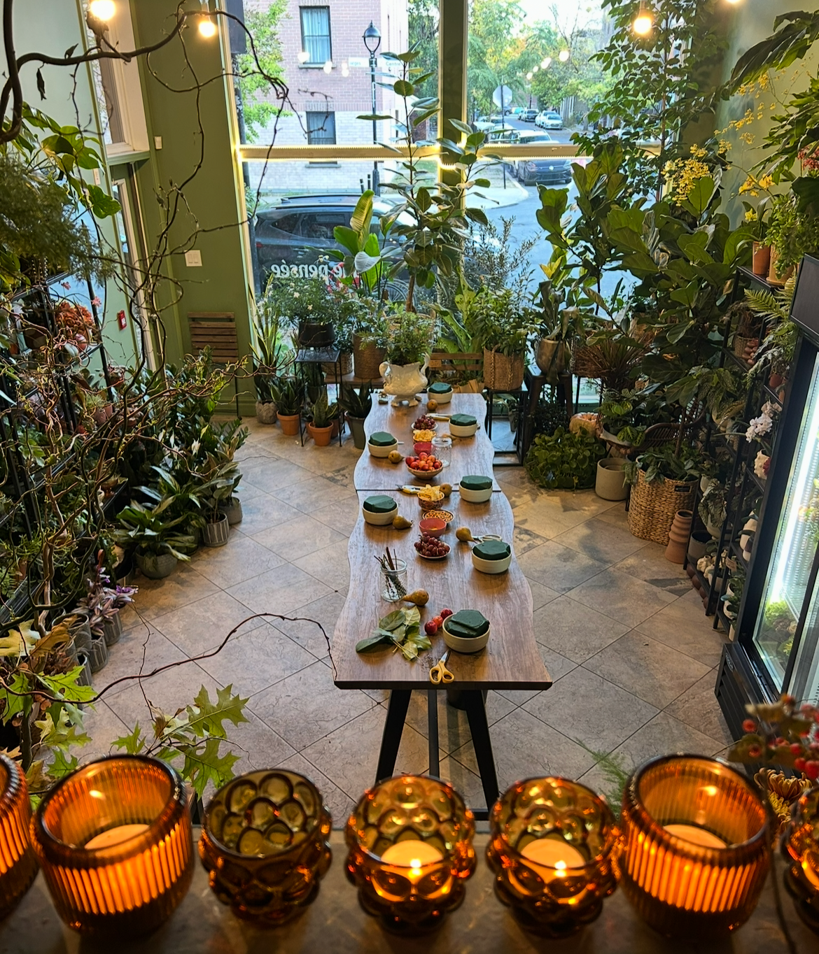 Indoor plant shop with a wooden table set with bowls and fruit, surrounded by lush green plants, sunlight streaming through large windows, and decorative candles in orange holders.