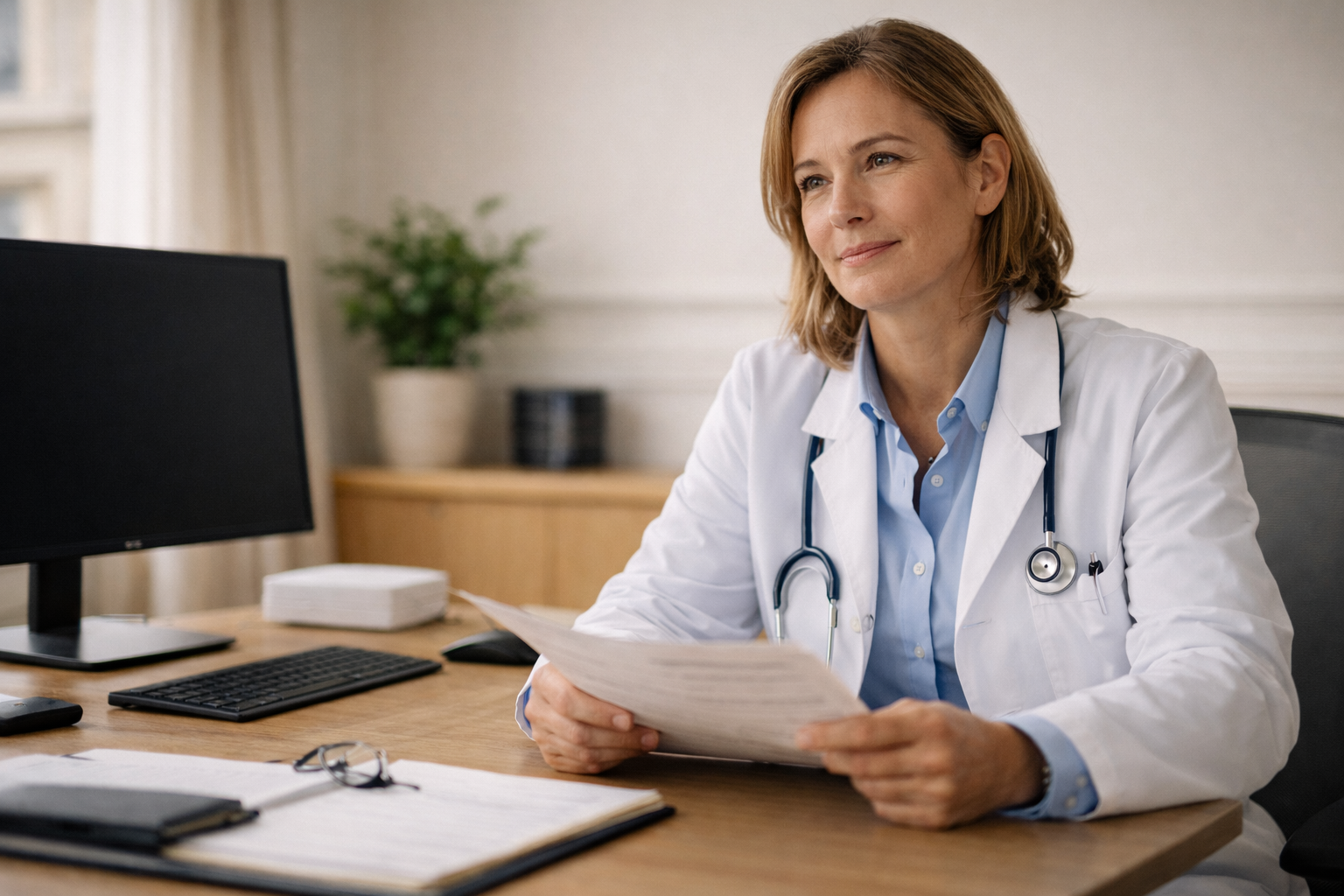 Une femme médecin souriante portant une blouse blanche et un stéthoscope, assise à un bureau avec des documents, un ordinateur et des lunettes.