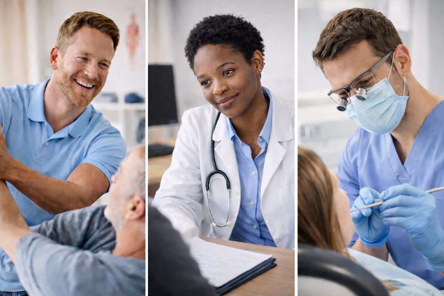 Un homme âgé dans un lit d'hôpital reçoit la visite d'un homme et de deux femmes, dont une médecin. La médecin parle avec le patient en tenant un carnet, tandis que l'autre femme consulte le patient à l'aide d'une loupe oculaire