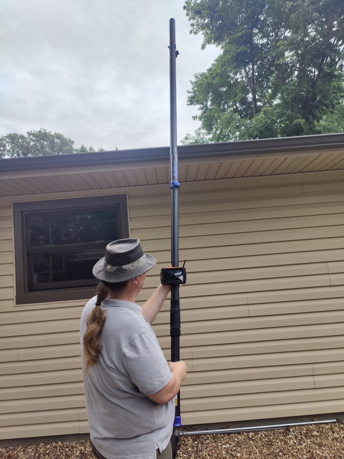 Me Cleaning gutters before I cut my hair! We recorded this section first then cleaned it and inspected all with a wireless camera.