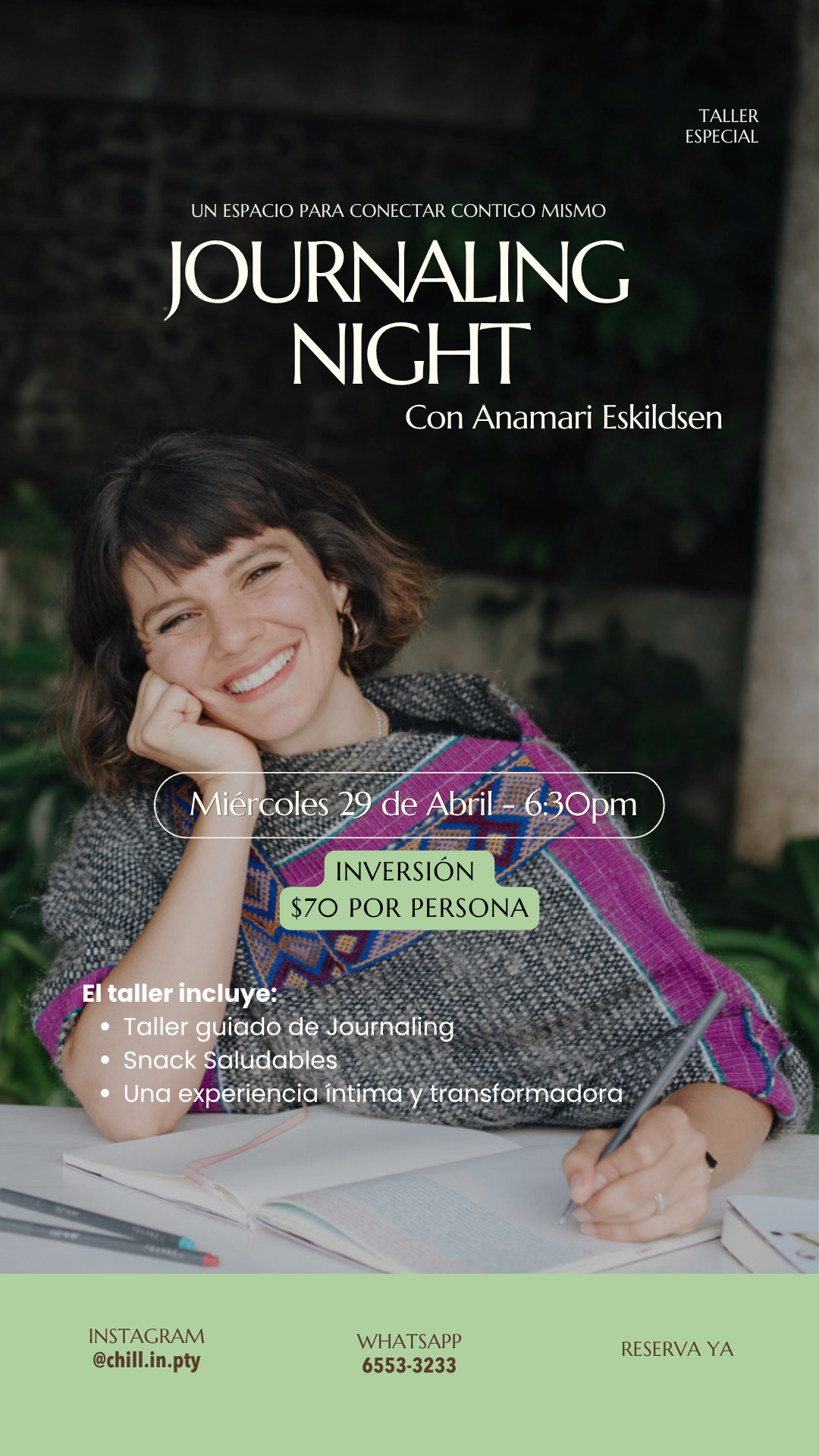 Flyer for a journaling workshop featuring a smiling woman with short dark hair, wearing a colorful patterned shawl, sitting at a table with a notebook, pen, and snacks, outdoors with greenery in the background.
