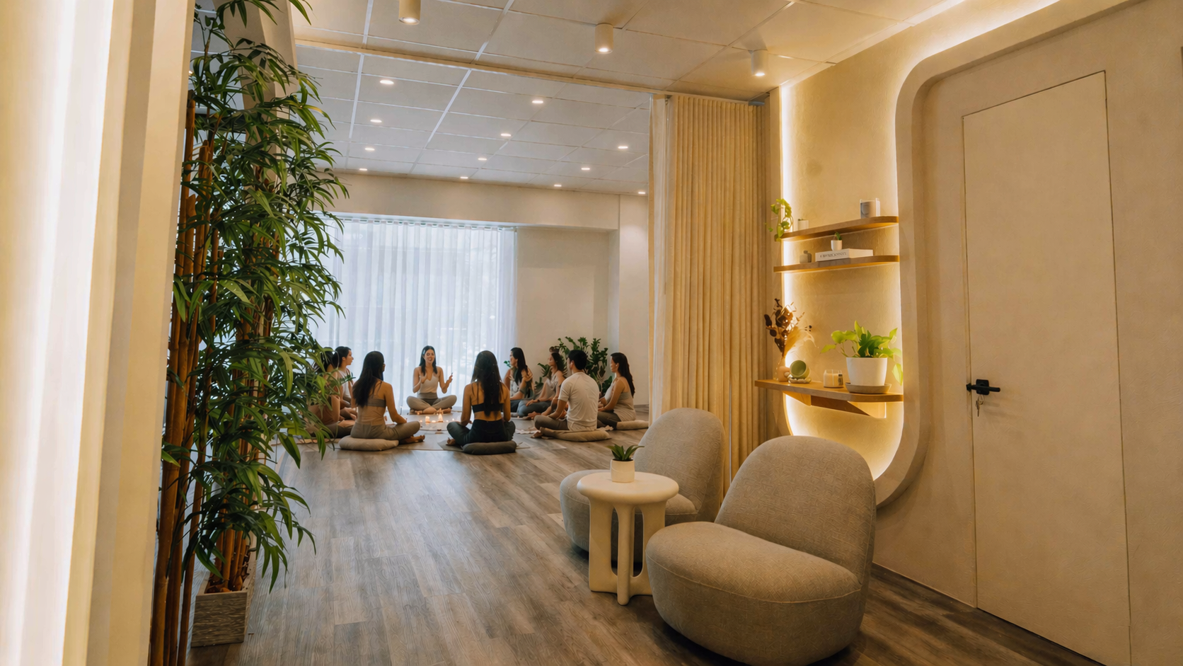 A group of people sitting cross-legged on cushions in a circle, participating in a meditation or yoga session in a bright, cozy room with large windows and natural light.