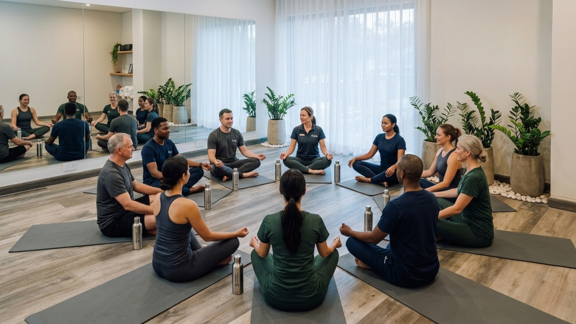 Group of people practicing yoga in a studio with plants and large windows, sitting in a circle on yoga mats while holding hands and meditating.