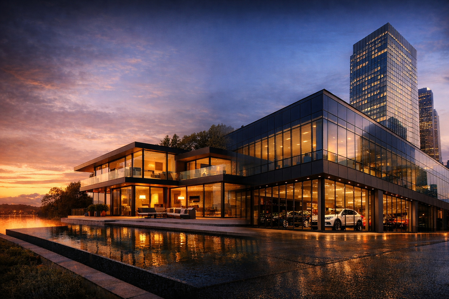 Luxury modern home and commercial glass building showcasing premium window film solutions by PUREFILMS in Canada