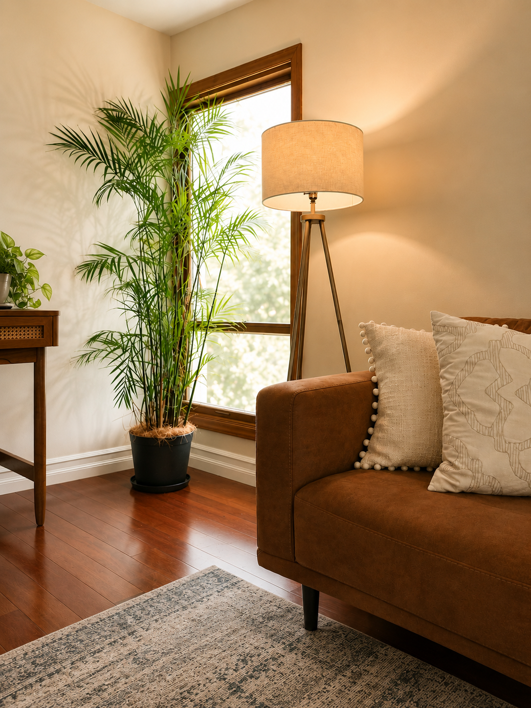 Living room corner with a large potted plant, a floor lamp with a beige shade, a window with wooden trim, a brown sofa with decorative pillows, a wooden side table, and a rug on hardwood flooring.