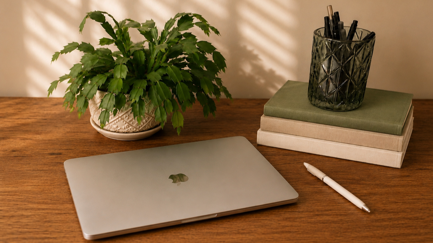 A closed MacBook laptop, a white pen, a stack of three hardcover books with a green cloth cover on top, a glass container filled with black pens, and a potted green leafy plant on a wooden desk, with shadows on the wall behind.
