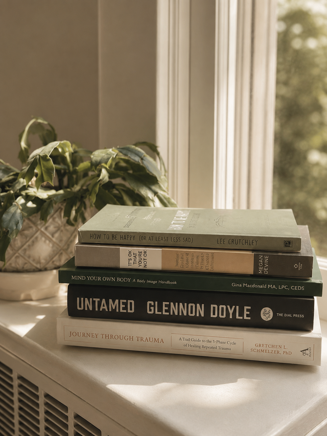 A stack of five books on a white surface in front of a window, with a potted plant nearby and natural light coming in.