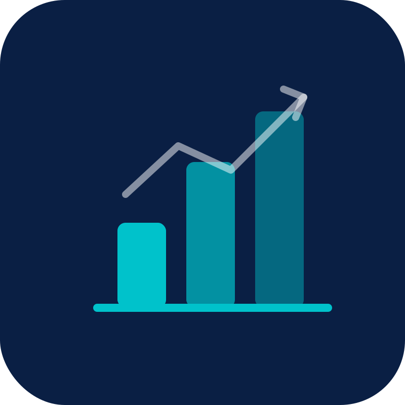 Bar chart with three ascending bars and a line graph overlay indicating growth on a dark background.
