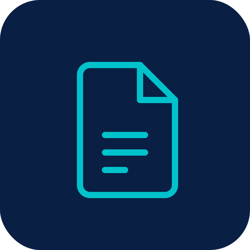 Icon of a document or paper with lines, outlined in blue on a dark background.