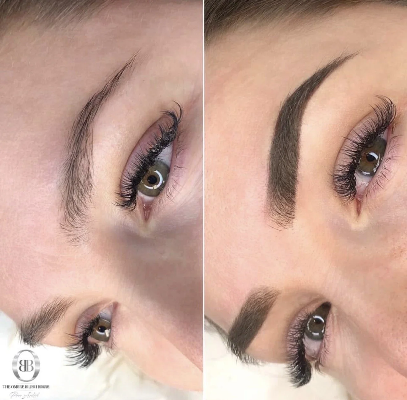 Comparison of a person's eyebrows before and after makeup or cosmetic enhancement, showing fuller, darker, and well-shaped eyebrows on the right.