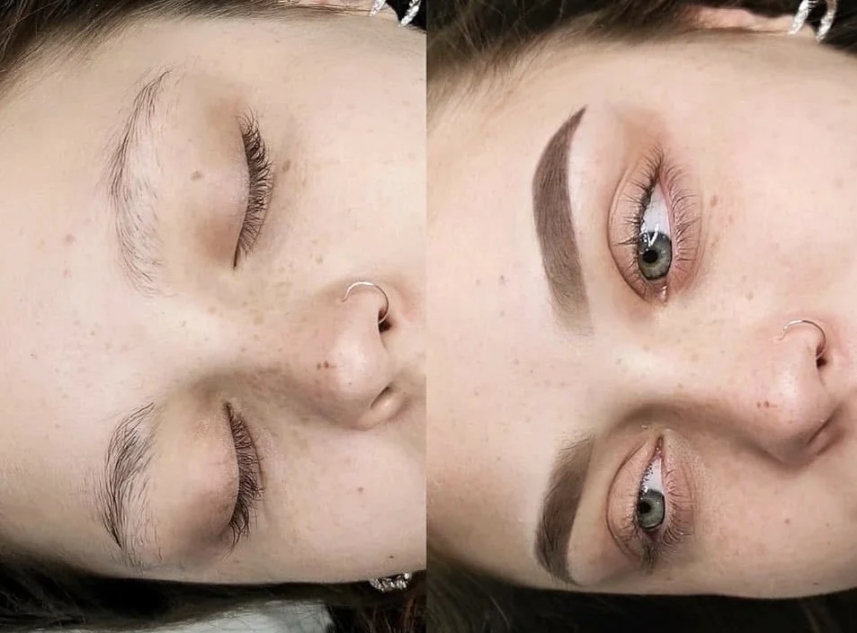 Before and after photos of a person's eyebrows, showing a significant transformation with the application of makeup or cosmetic tattooing.