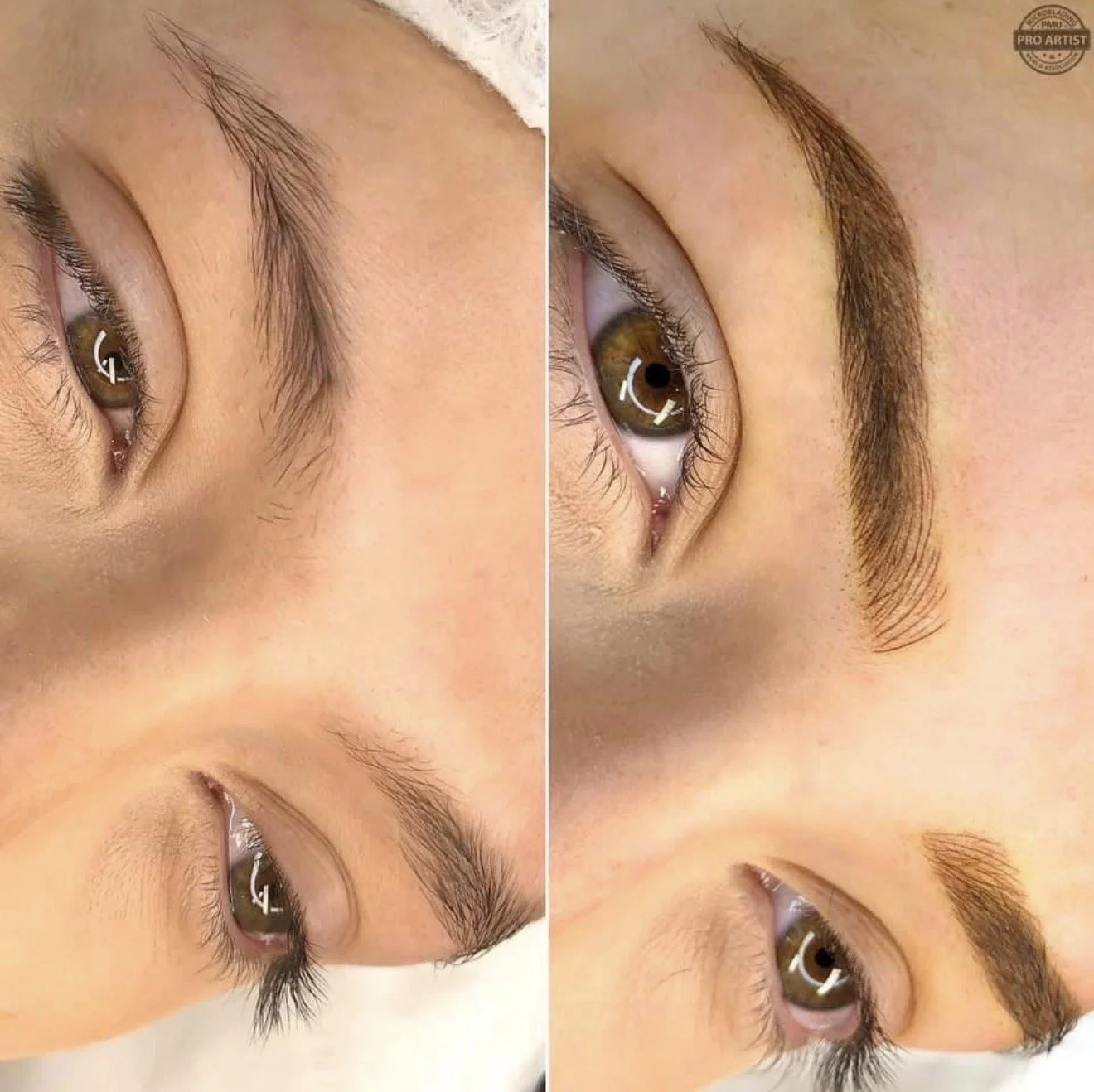 Comparison of eyebrows before and after grooming, showing a fuller, more defined eyebrow shape on the right side.
