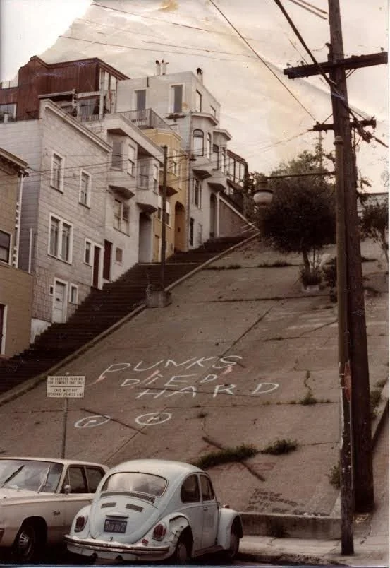 Mid-1970s view of the future site of the Vallejo Steps Garden. At the time, San Francisco's punk-rock scene was centered nearby on Broadway between Montgomery St. and Columbus Avenue.