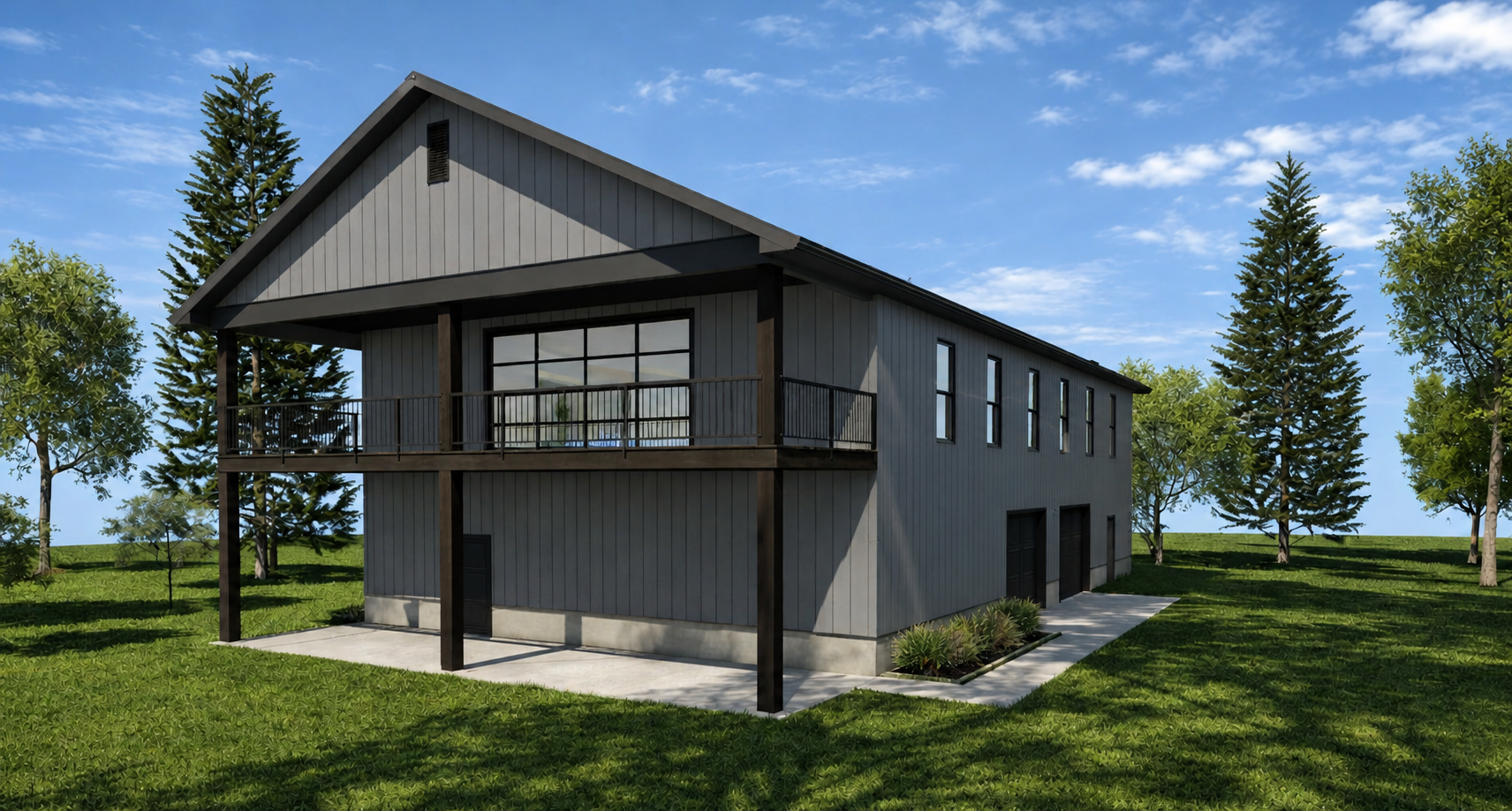 A modern two-story house with a gray exterior, black trim, and a second-floor balcony in a green yard with trees, under a blue sky with scattered clouds.