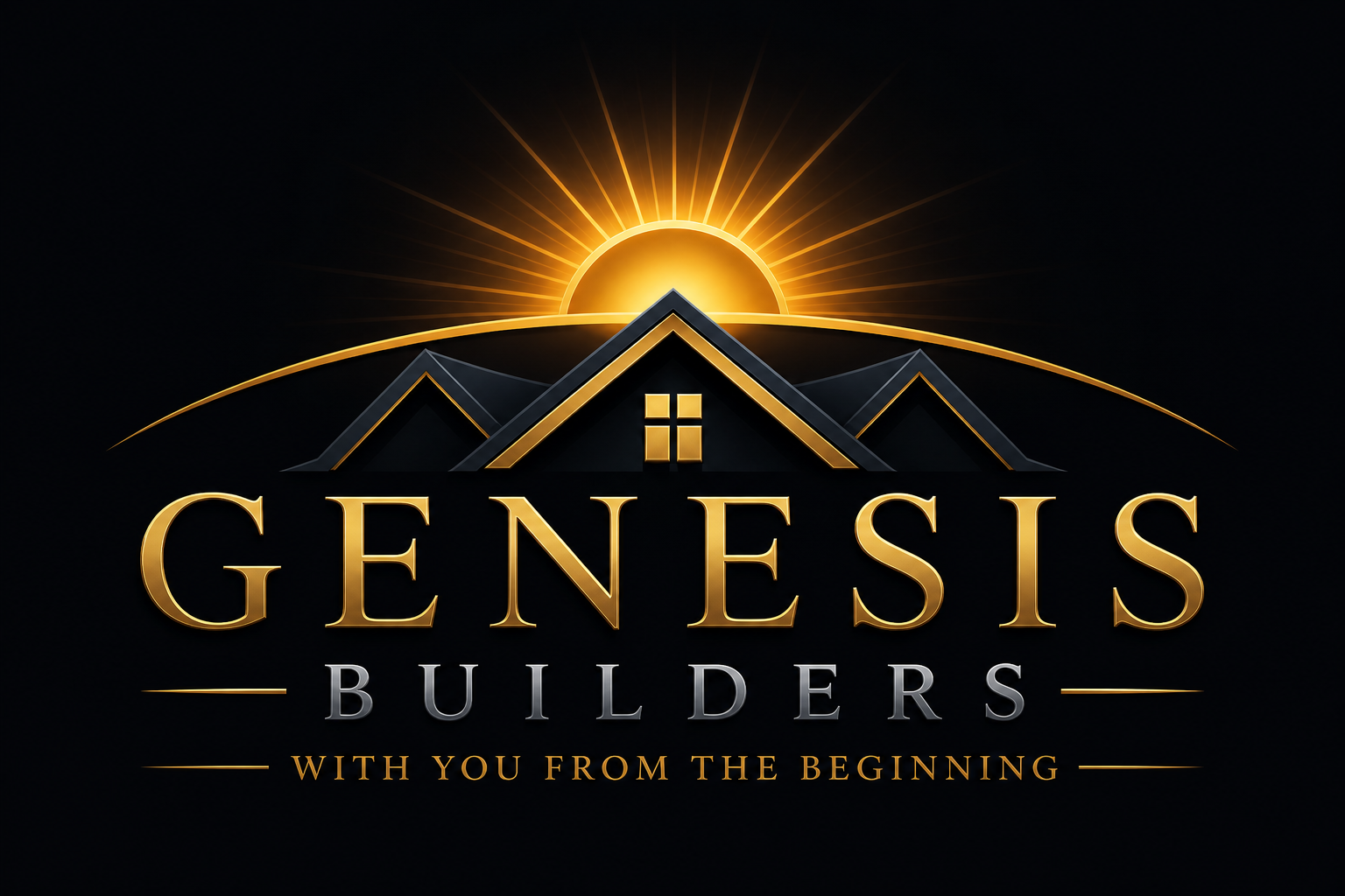 Logo for Genesis Builders featuring a stylized house with a sun rising behind it, with the words 'Genesis Builders' and the slogan 'With you from the beginning'.