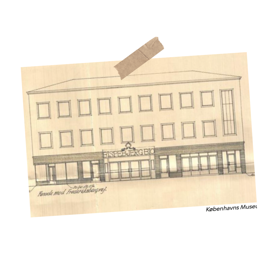 Arkitektonisk tegning af en bygning med branding 'EISPEBJERG BOG' over indgangen, delvist tape fastgjort, fra Københavns Museum.