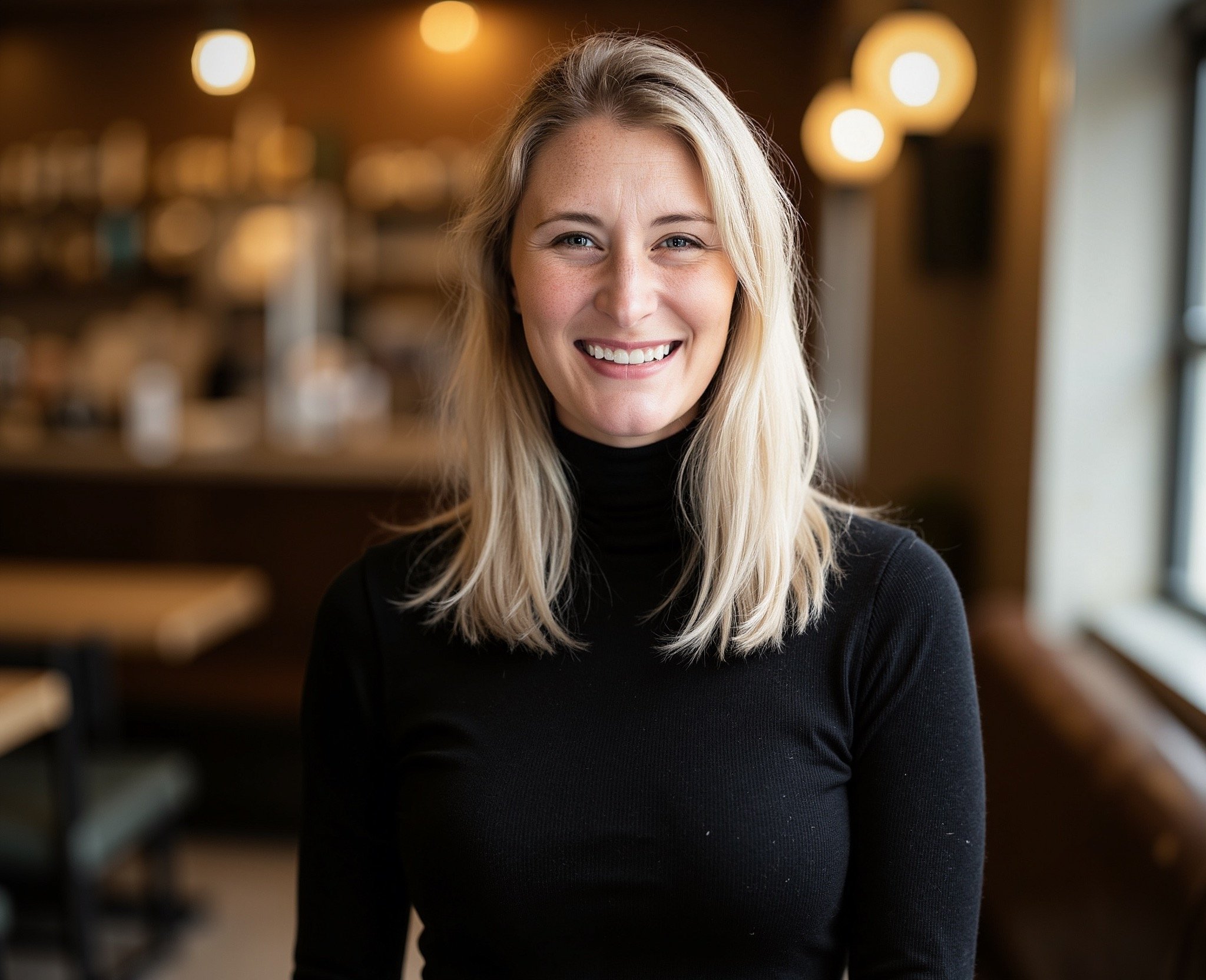 Young woman with dark curly hair, wearing a beige sleeveless top and khaki wide-leg pants, sitting on a bench in a modern interior space with sunlight casting shadows on the wall.