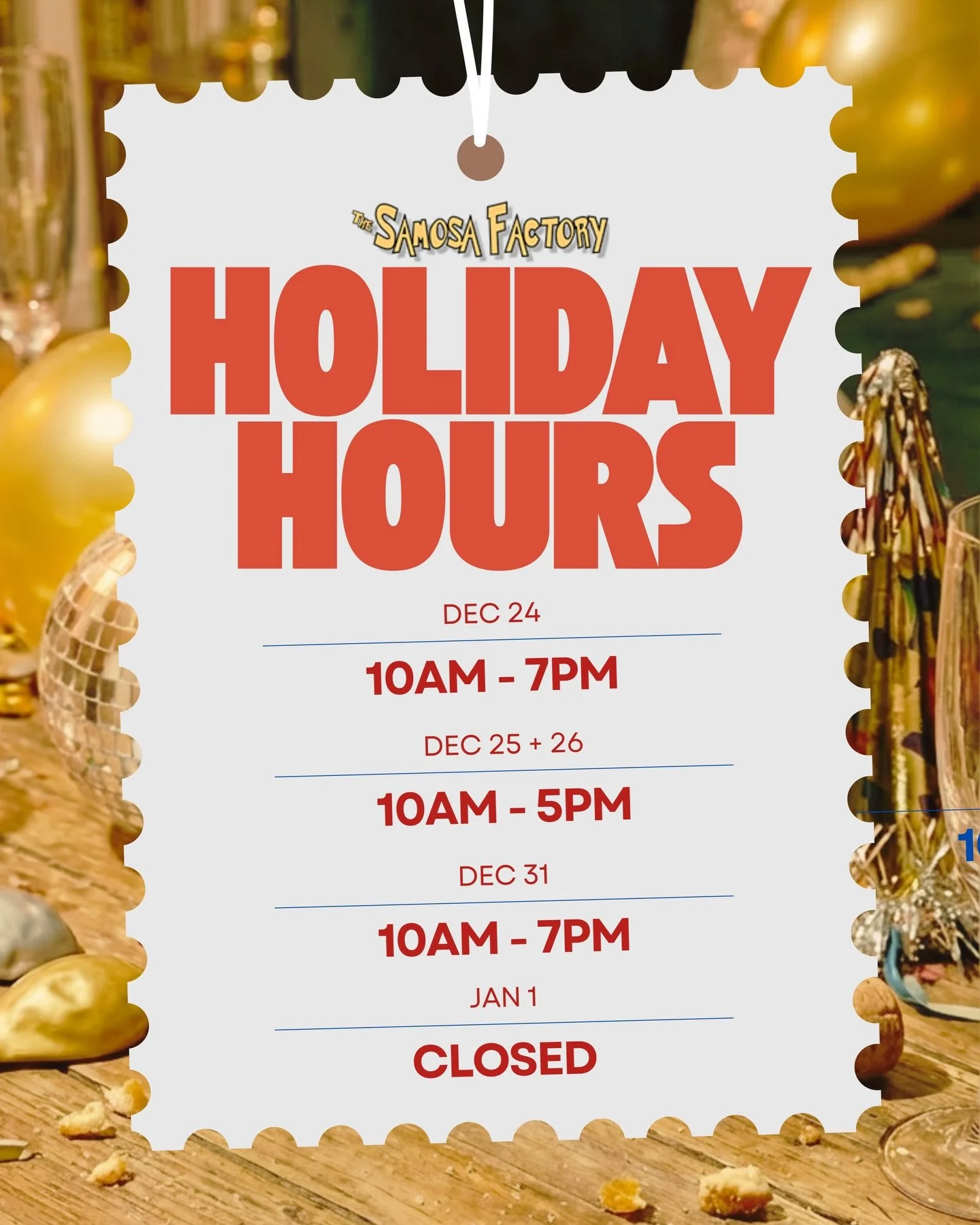The holidays are almost here ✨ Here&rsquo;s a quick look at our hours over the next couple of weeks. 

We&rsquo;re so grateful for our community and look forward to seeing you! 🎄

📍Westwinds (NE)
📍Beacon Hill (NW)

#SamosaFactoryYYC #YYCFood