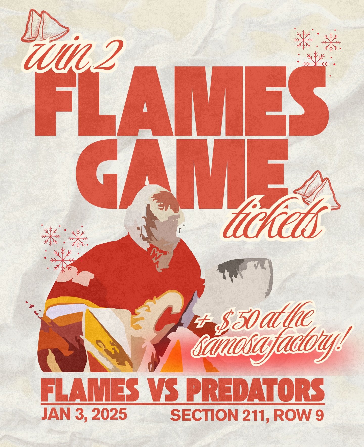 ✨🎄 SAMOSA FACTORY GIVEAWAY 🏒✨

As a thank you to our community for all the support throughout the year, we&rsquo;ll be giving away:

✨ TWO TICKETS ✨to the Flames vs Predators game AND $50 to spend at @samosa_factoryca ✨

HOW TO ENTER
1️⃣ Follow @sa