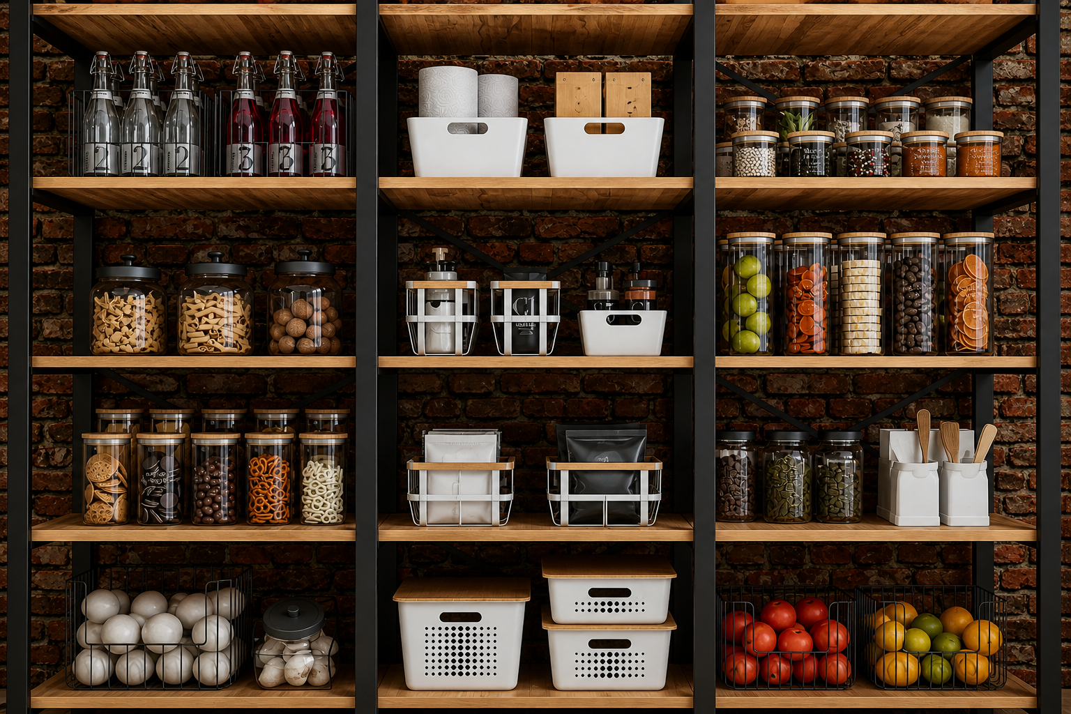 Organized pantry shelves against a rustic brick wall, featuring black metal framing and wooden shelves filled with neatly arranged glass jars, storage containers, baskets, pasta, spices, and fresh produce in a symmetrical layout.